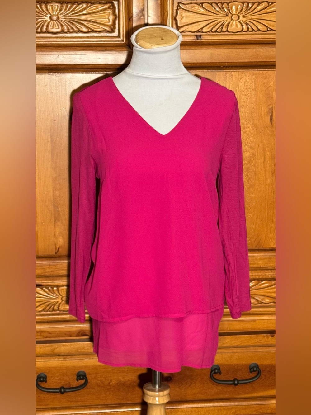 Michael Kors Fuchsia V-Neck Layered Long Sleeve Blouse